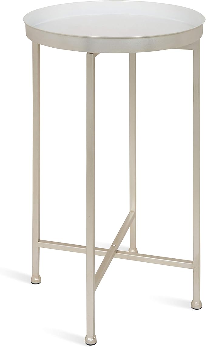 Kate and Laurel Celia Round Metal Foldable Tray Accent Table, White with Silver Base