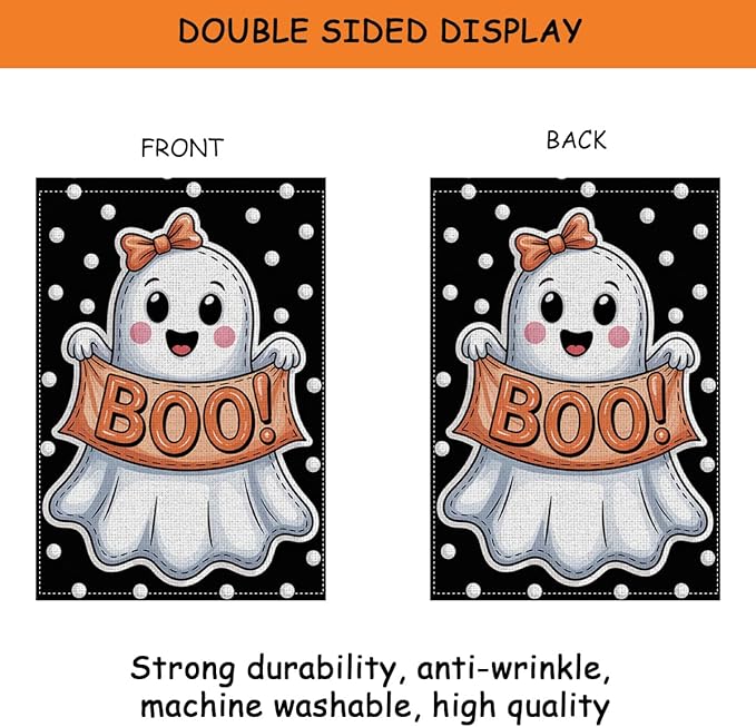 HTBIG Halloween Cute Ghost Garden Flag Decor, Funny Halloween Ghost Flag BOO, Yard Flags for Outside 12x18 inch, For Holiday Yard Outdoor Decorate