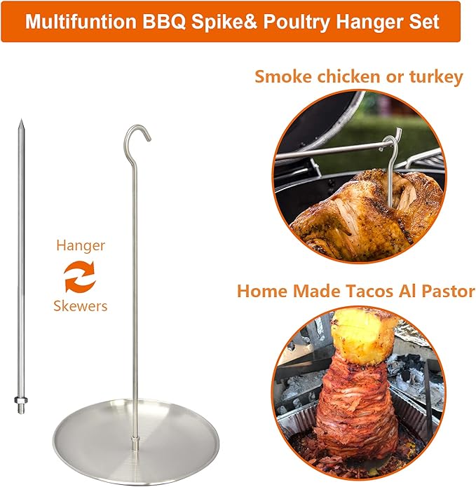 Upgraded Turkey Fryer Stand Kit and Vertical Skewer Set, Thanksgiving Turkey Fryer Accessories Poultry Turkey Hanger Chicken Rack for Grill Stainless Steel (with Lifter Hook)