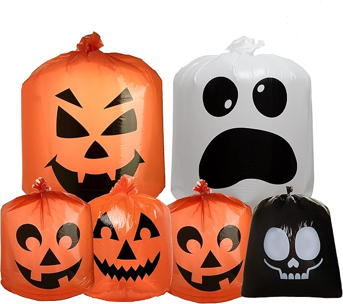 JOYIN 6 Pcs Halloween Leaf Bags, Pumpkin Leaf Lawn Bags for Yard Fall Outdoor Decorations, Plastic Resuable Jack o' Lantern Trash Bag for Halloween Decor Party Favors, Party Supplies