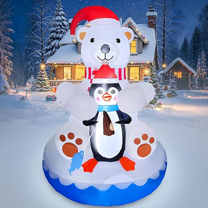 2025 Christamas Inflatable Polar Bear 6FT Polar Bear and Penguin Fishing Christmas Inflatables Outdoor Decoration Xmas Blow Up Decor with 4 Built-in LEDs for Holiday Party Yard Garden Lawn Decor