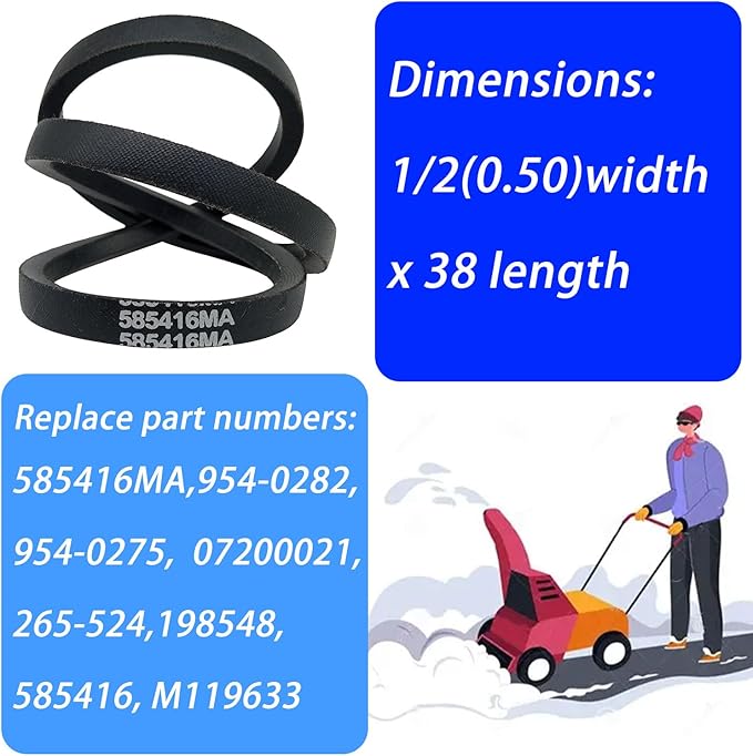 585416MA Snowblower Auger Drive Belt 1/2" x 38" for Murray 585416 265-524 EHP-198548 LG48-380 MT58541 Cub Cadet MTD Troy-Bilt 954-0282 954-0275 Ariens Snapper 07200021(2 Pcs)