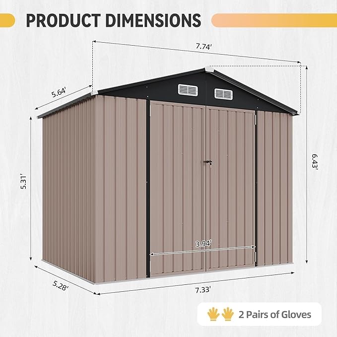 Aoxun 8' x 6' Storage Shed Outdoor Steel Garden Utility Cabinet with Lockable Door Waterproof & Rust-Proof for Yard, Patio, Backyard, Garden (Brown)