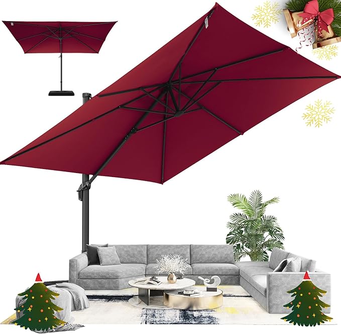 Hotime 10ft Patio Umbrella Outdoor Patio Height adjustable and Windproof, Heavy Duty Aluminum Square Offset Patio Umbrella Cantilever Pool Umbrella with 360°Rotation for Garden Deck Pool, Wine Red