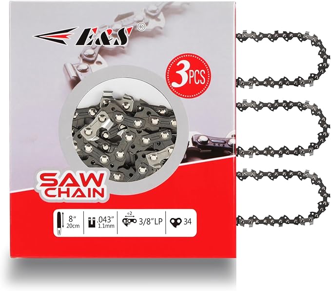 E & S 3 Pack 8 Inch Chainsaw Chain 3/8" LP Pitch .043" Gauge 34 Drive Links Semi-Chisel Chain Saw Chains for Husqvarna, Poulan, Craftsman, Greenworks and More Chainsaw Brands