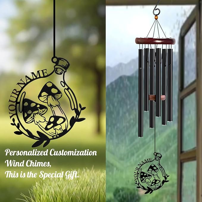 Personalized Customize Name Fantasy Mushroom Wonderland Wind Chime, Metal Iron 37 Inch Outdoor Memorial Gift for Garden Yard Patio Home Decor, Black (Style B)