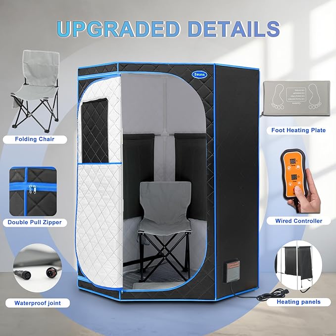 Portable Full Size Infrared Sauna for Home,Pentagonal Size Far Infrared Sauna,One Person Sauna Tent with Heating Foot Pad, Portable Chair, (L38 x W38 x H63, Black)