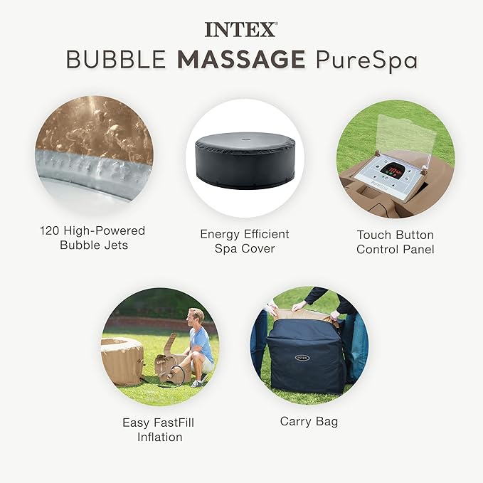 INTEX 28425EP PureSpa Bubble Massage Spa Set: Energy Efficient Spa Cover – Push Button Control Panel – 120 Jets – 4 Person Capacity – 77" x 28"