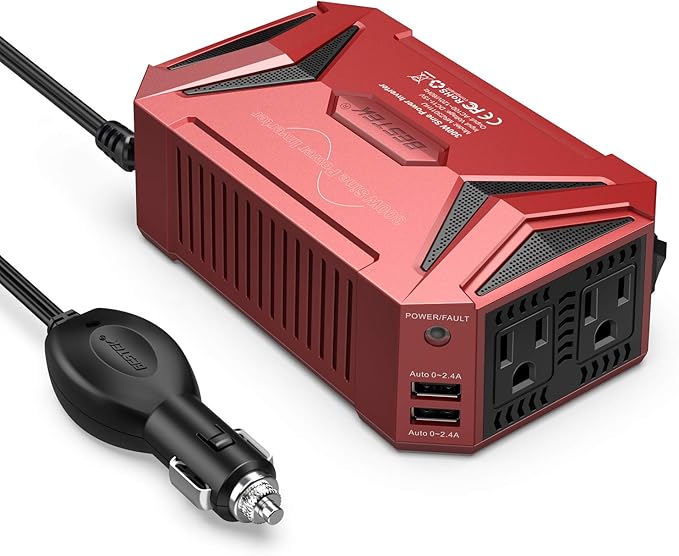BESTEK Pure Sine Wave Power Inverter - 300W Car Plug in Charger Outlet DC 12V to 110V AC - Cigarette Lighter Adapter with 4.8A Dual USB Fast Charging Ports for Laptop - Aluminum Housing - Red