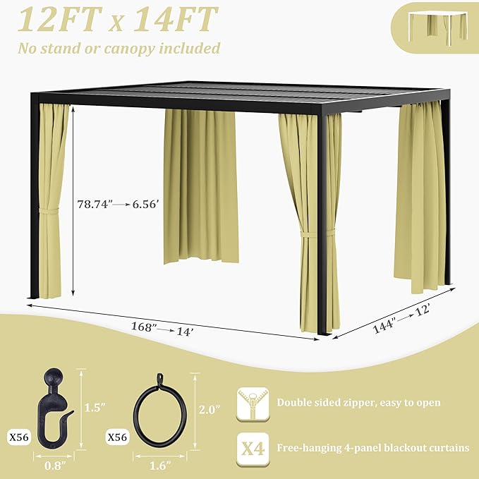 Gazebo Universal Replacement Privacy Curtain,12'×14' Gazebo Outdoor Waterproof Curtains, 4-Panels Sidewall Curtains with Double Zipper for Patio Canopy, Garden and Backyard (Curtain Only)