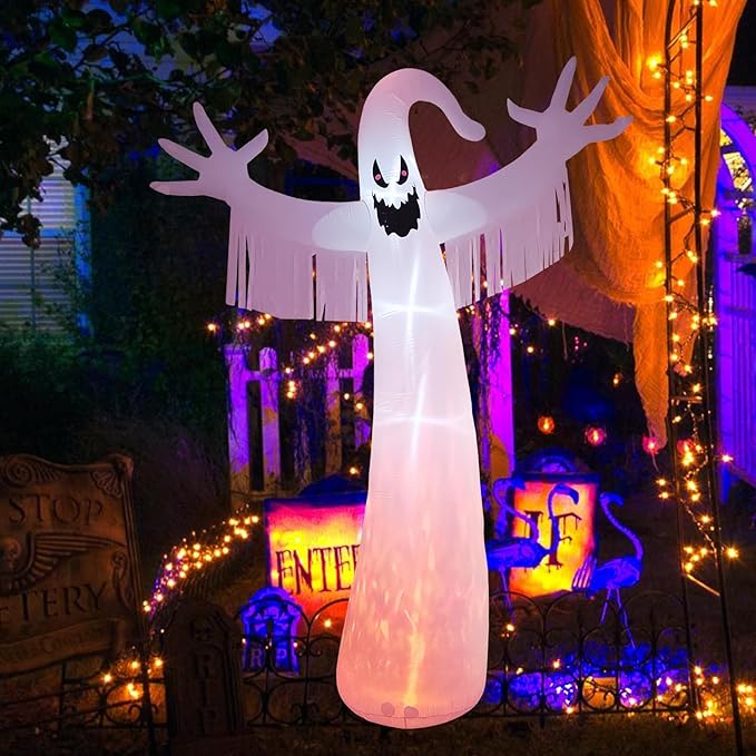 12FT Halloween Inflatables Outdoor Decorations: Inflatable Ghost with Fire Flame and Blinking Red Eyes, Blow up Decor for Yard Garden Lawn Home Holiday Party