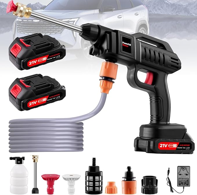 Cordless Pressure Washer Gun, 1500W Portable Battery Power Washer, 60Bar/870 PSI Electric Pressure Washer Handheld High Pressure washers with Nozzles, 2 Battery, 5m Hose Cordless Jet Washers