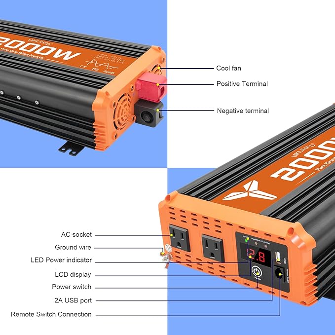 2000 watt Pure sine Wave car Inverter 12V DC to 120V AC, 4000W Surge Peak Power, Inverter for RV, Truck, Solar, Campers with 2 AC Outlet, Remote Control Compatible with Lithium Battery
