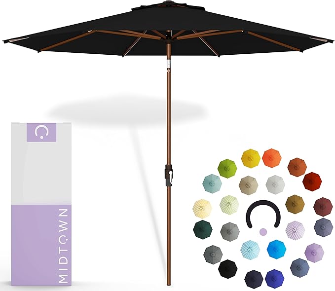 Midtown Umbrellas The Wooden 2-10 Feet Large Patio Umbrella, Terylast Ebony Fabric - Auto-Tilt Aluminum Frame For Backyard Umbrella, Deck Umbrella, Garden Umbrella & Pool Umbrella - Wooden Pole