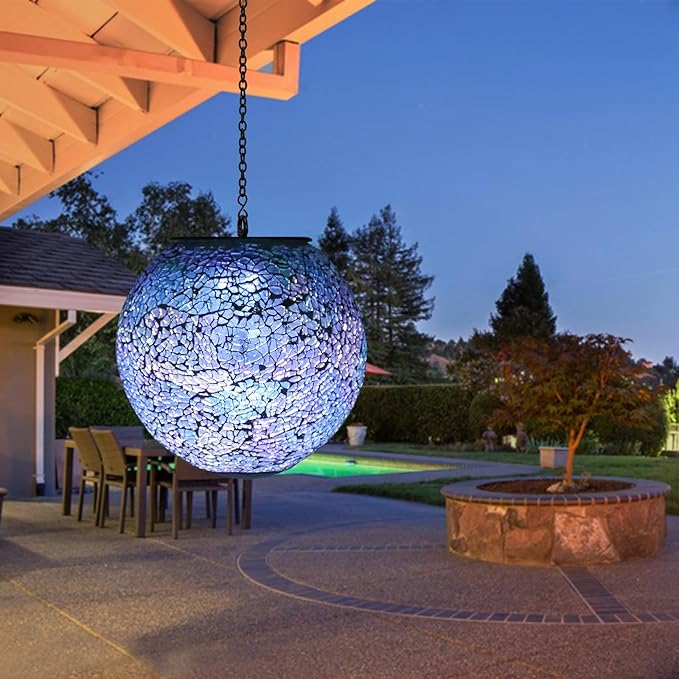 Solar Hanging Lantern Solar Outdoor Lanterns Mosaic Gazing Ball Outdoor Hanging Lights Outdoor Lights Waterproof Garden Patio Pathway & Yard Décor Blue