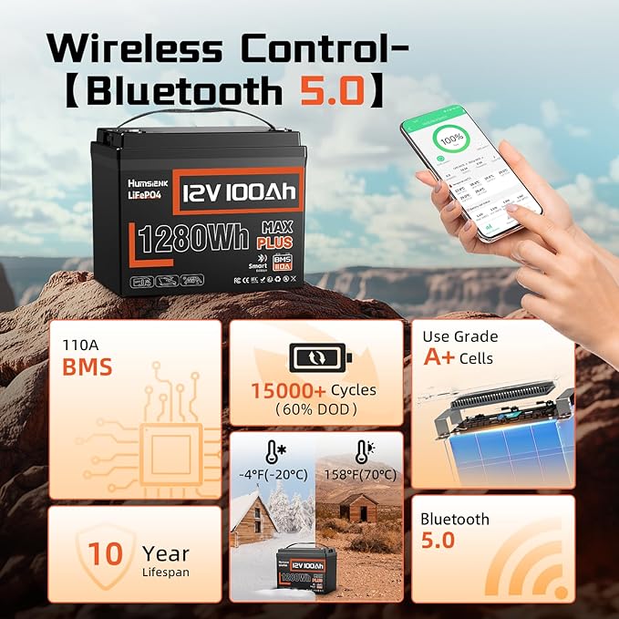 12V 100Ah LiFePO4 Lithium Battery MAX with Bluetooth 5.0, 15000+ Deep Cycles, 1280Wh Lithium Iron Phosphate Battery, Built-in 110A BMS with Low-Temp Protection for RV, Marine, Trolling Motors