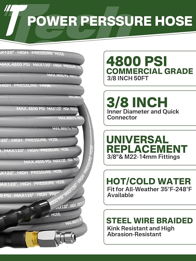 3/8" 4800PSI Pressure Washer Hose 50FT with Swivel Quick Connect for Cold/Hot Water Max 248°F, Kink Resistant Steel Wire Braided, Wear Resistant Power Washer Hose with M22 14mm Adapter
