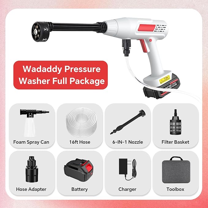 Cordless Pressure Washer, 600PSI Portable Power Washer with 6-in-1 Nozzle & Foam Cannon, 21V Battery Powered Handheld High Pressure Washers Gun for Car, Patio, Home (Hose Adapter is NOT Included)