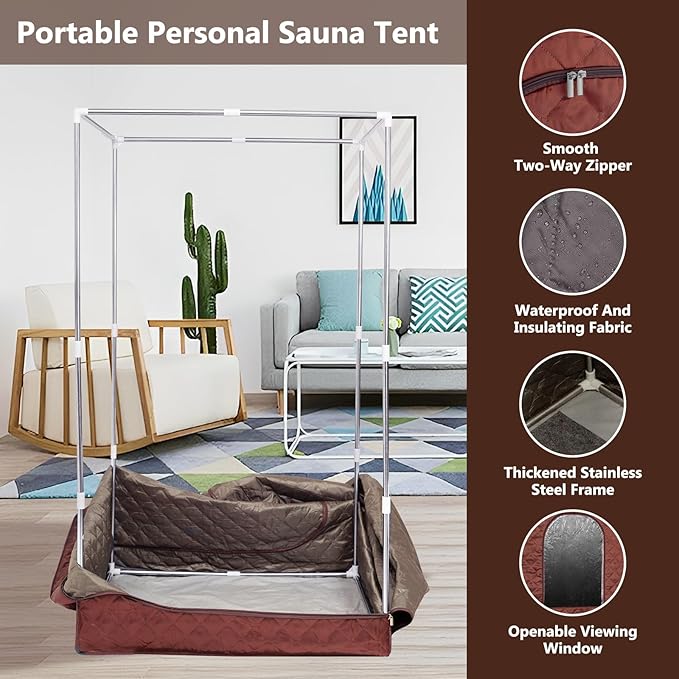 Portable Steam Sauna for Home Spa, Full Size Personal Sauna for Relaxation at Home, Sauna Tent Sauna Box with 3L Steamer, Remote Control, Large Size Folding Chair (Brown)