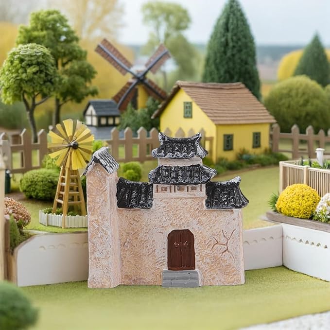 DECHOUS 10Pcs Miniature Village House: Resin Miniature Fairy Garden Houses with Chinese Stone Lion Statue - Micro Landscape Cottage Ornaments Kit for DIY Garden Bonsai Terrarium