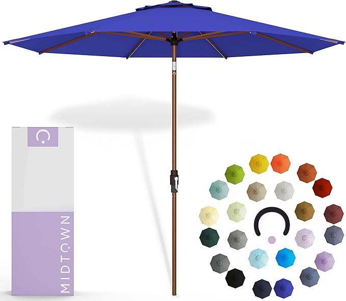 Midtown Umbrellas Wooden 2-8 Feet Outdoor Patio Umbrella, Terylast Royal Blue Fabric, Aluminum Frame For Backyard Umbrella, Deck Umbrella, Garden Umbrella & Pool Umbrella - Wooden Pole