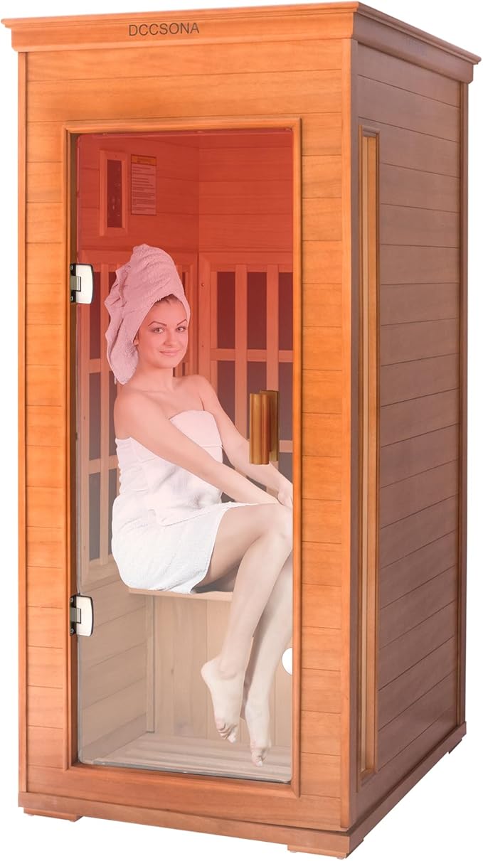 Far Infrared Home Sauna 1 Person, 1000W 110V Dry Indoor Sauna Okume Wood with 4 Heating Panels, Bluetooth Speaker, LED Lights and Glass Door, Room: 37.8 x 30.3 x 65.4 inches