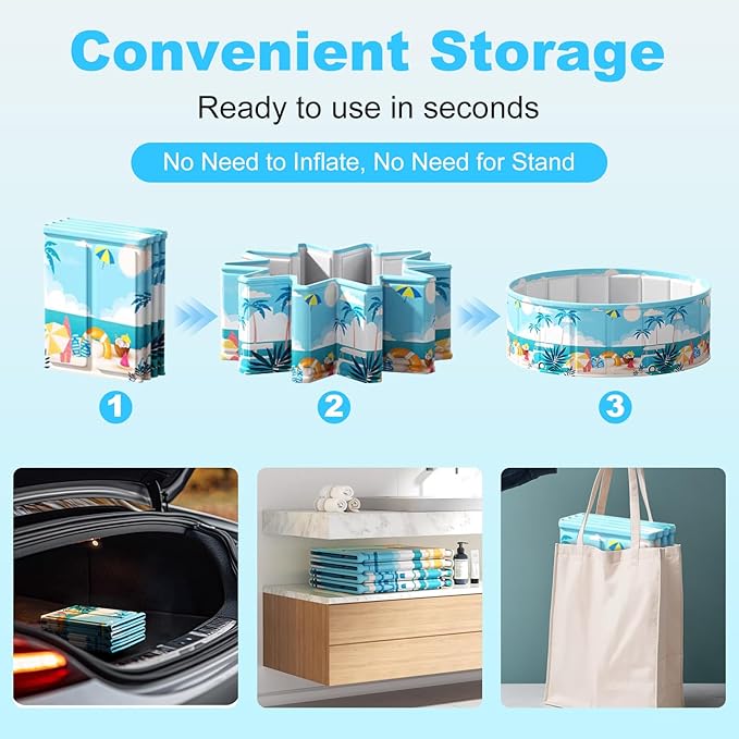 Foldable Swimming Pool for Kids 79"x18" Hard Plastic Portable Dog Pool Anti-Slip Collapsible Pets Bathtub Kiddie Pool Indoor Outdoor Backyard (Beach Party 79'')