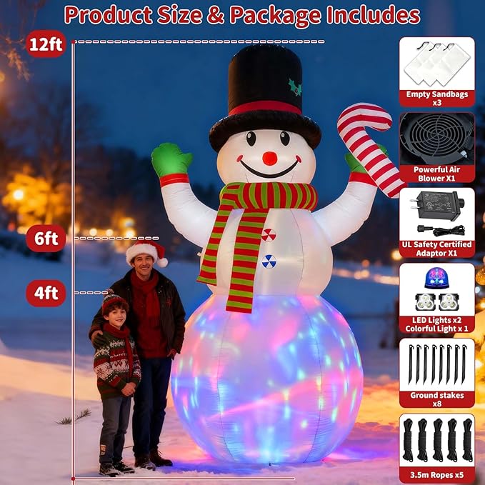 12FT Christmas Inflatables Snowman Outdoor Decorations, Giant Christmas Blow Up Snowman Inflatable in Waving Pose with Candy Cane, Rotating Colorful LED Light for Holiday Party Garden Yard Deco