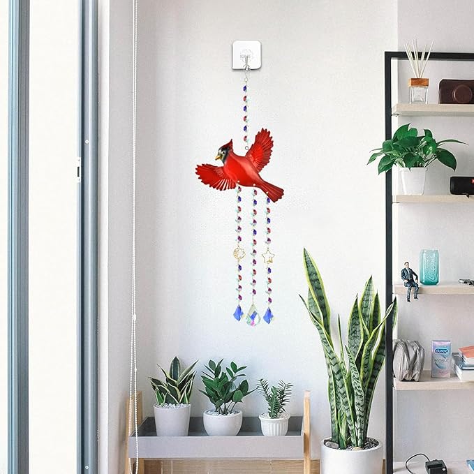 Red Cardinal Crystal Sun Catcher-Stained Glass Window Hanging Ornament with Rainbow Prism, Memorial Gift for Women, Handmade Bird Decor for Home Garden, Christmas Valentine Gift for mom(Red B)