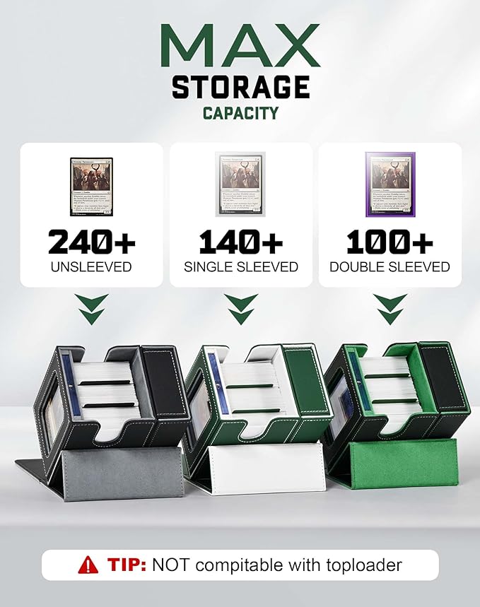 ZLCA Card Deck Box with 2 Dividers, Deck Storage Case Fits 100+ Single Sleeved, PU Leather TCG Card Case Holder for Magic Commander Yugioh (Green& White)