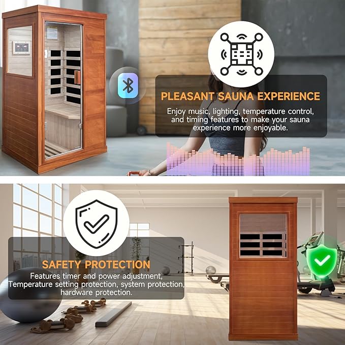 Sauna, 1 Person Infrared Sauna Home Spa Wood 800W Low-EMF Indoor Dry Saunas 5 Ultra-Low Energy Saving Heating Panels, Built-in Control Panel, Speakers, Reading Lights and Circulation Vents