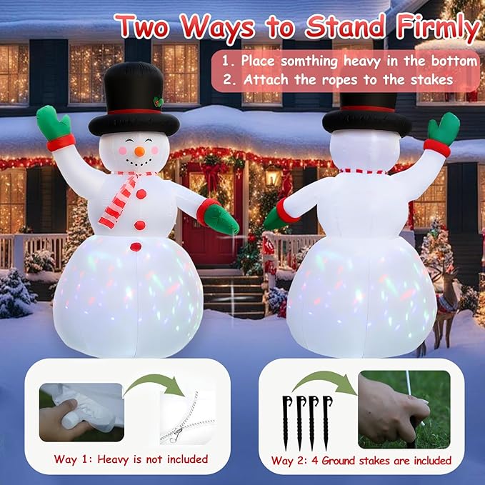 8FT Blow-Up Snowman Happiness Waves at You, Large Inflatable Christmas Outdoor Decor IP44, Blow up Snowman with Built-in 2 LEDs ＆ Colorful Flashing Light,Inflatable Snowman for Yard/Party/Xmas Gift