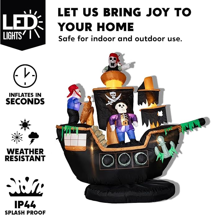 Bdor 7FT Skeletons Ghosts on Pirate Ship Halloween Inflatables Halloween Decorations with Built-in LEDs, Weight Bag, Fan, Stakes Strings, Halloween Decorations Outdoor for Front Yard, Porch, Lawn