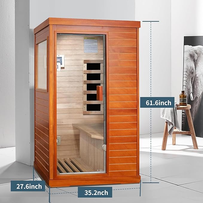 Sauna, 1 Person Infrared Sauna Home Spa Wood 800W Low-EMF Indoor Dry Saunas 5 Ultra-Low Energy Saving Heating Panels, Built-in Control Panel, Speakers, Reading Lights and Circulation Vents