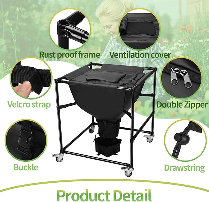 Urban Composting Bag 160L, Layered Harvest Design, Heavy-Duty Casters, All-Metal Frame + Oxford Fabric, Fertilizer Collection, Breathable Lid for Home, Garage, Basement, Kitchen