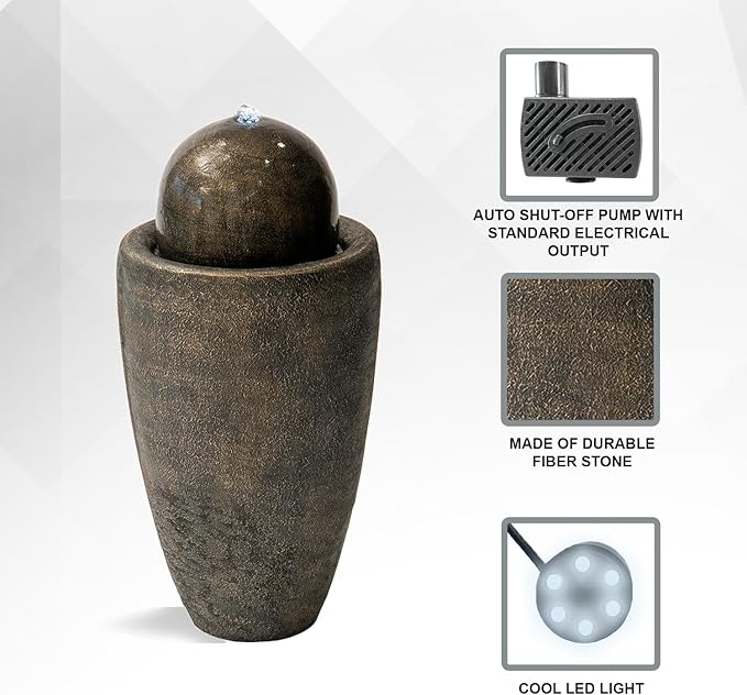 XBrand 25.98" H Round Stone Indoor/Outdoor Modern Stone Textured Sphere Water Fountain w/LED Lights, Ball Water Fountain Decor, Garden Sphere Fountain, Patio Fountain, Outdoor Fountain, Bronze