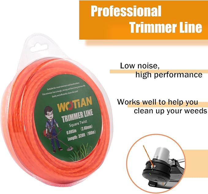 WOTIAN Weed Eater String 0.095 Inches Square Twisted Trimmer Line .095" 328ft Square Twist Weed Wacker String of Premium Nylon Compatible with Stihl Echo Grass Cordless Electric Trimmer,Orange