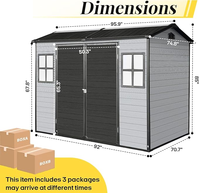 8x6 FT Resin Storage Sheds Outdoor with Floor Included, Plastic Sheds & Outdoor Storage Clearance with 2 Windows and Lockable Door, Backyard Storage Sheds for Garden Tools, Bike, Black+Grey
