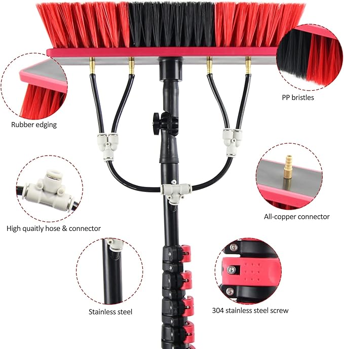 24ft Water Fed Pole Kit,Window Cleaning Poles,Water Fed Cleaning Brush,Aluminum Outdoor Window Cleaner,Extendable Telescopic Pole Water Fed Brush Spray Washer for Window Glass/Solar Panel