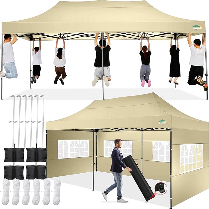 COBIZI 10x20 Pop up Canopy Tent 10x20 Canopy with 6 Sidewalls Waterproof Heavy Duty Gazebo Commercial Canopy Tent for Parties Outdoor Gazebo, Carry Bag with Wheel(10x20ft, Khaki)