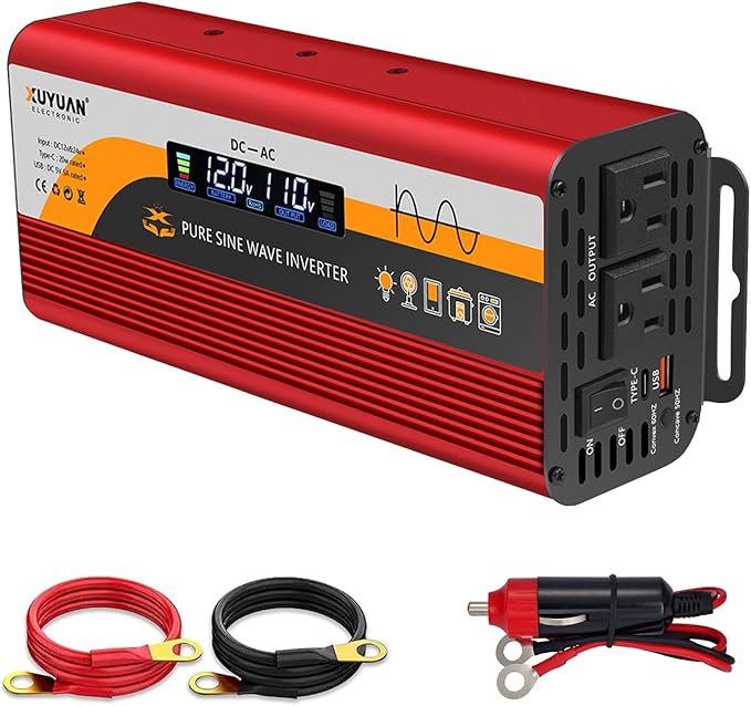 1000W Pure Sine Wave Inverter (2000W Peak), 12V/24V Auto-Detect, 50Hz/60Hz Switchable, LCD Display, Type-C Fast Charging, Silent Design, Overload & Overheat Protection for RV, Home (RED-1000W)