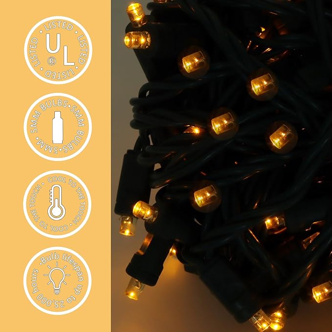 100 LED 5MM Yellow Christmas Lights, 33FT Indoor/Outdoor String Light, Mini Lights for Garden, Patio, Christmas Trees - Green Wire, Commercial Grade, UL Listed