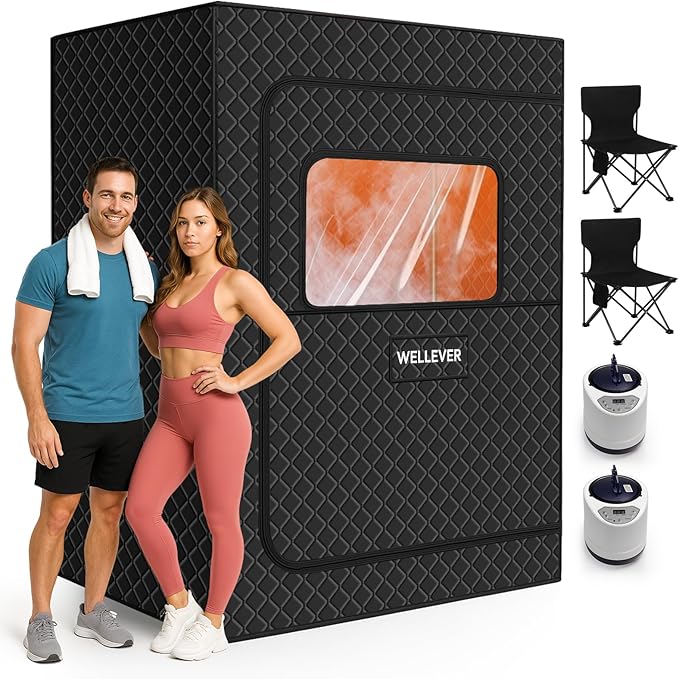 2 Person Sauna Box, Portable Steam Sauna for Home Spa, Relief Muscle Pain, Foldable Sauna Kit with 5-Layer Waterproof, 9 Levels Heat of Saunas Room with 2 Steamers, Oversize Chairs, 5.9' x 4.1' x 3.0'