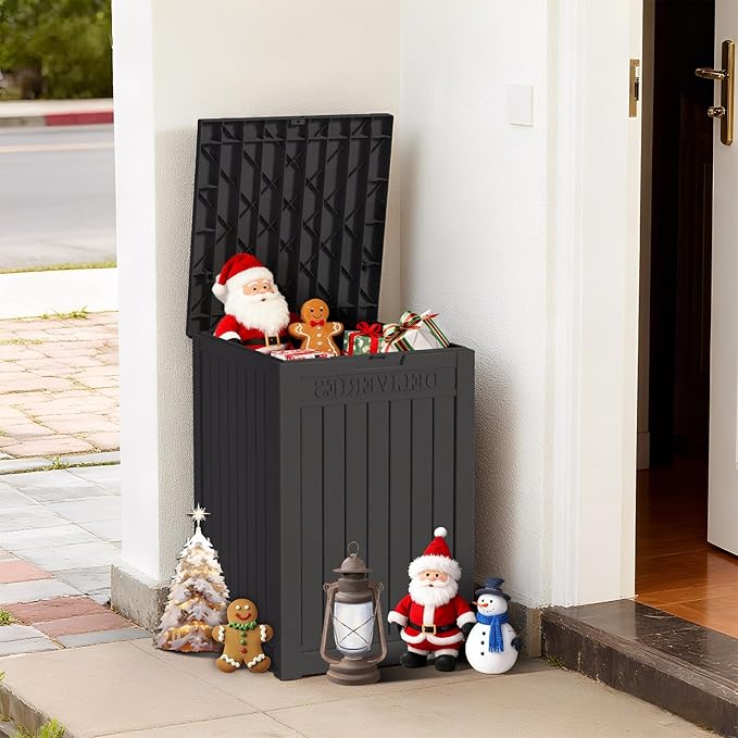 48-Gallon Lockable Outdoor Delivery Box, High-Density Resin Storage Chest with Wood Grain Finish, Weatherproof for Porch, Balcony, and Garage Storage, Black