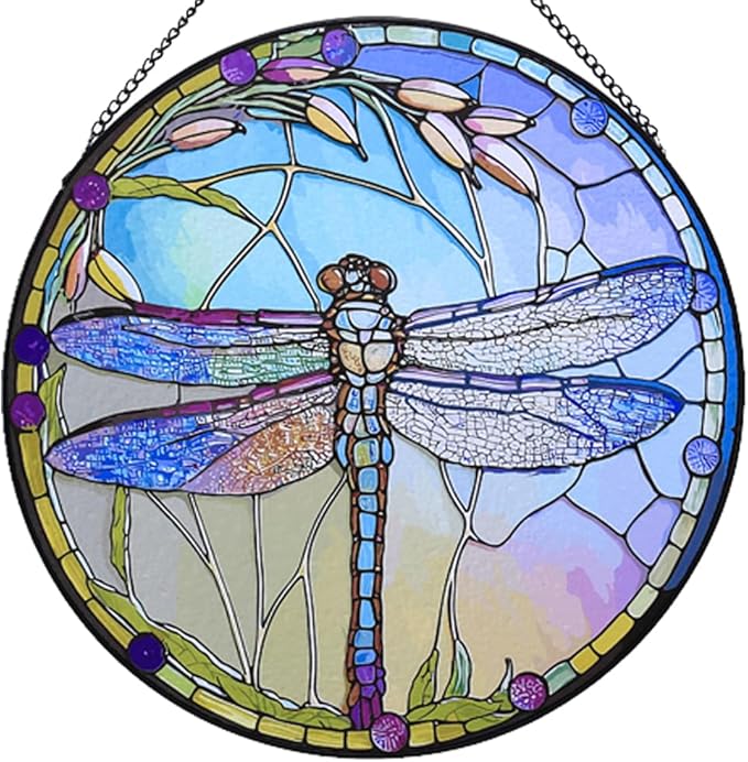 12 Inch Stained Glass Window Hanging, Large Dragonfly Suncatcher, Stained Glass Window Suncatcher, Dragonfly Home Wall Art Decor for Indoor/Outdoor, Hand Colorful Panel Sun Catcher, Gift for Mom