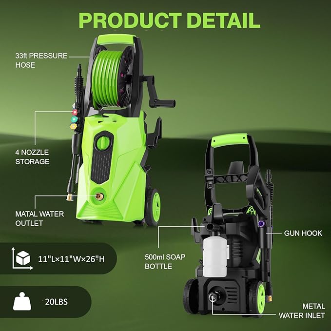 5000PSI Pressure Cleaner, 2025 New Power Cleaner with 33FT Flexible Extension Pressure Cleaner Hose Reel, 4 Nozzles, Professional Power Cleaners for Home/Car(Green)