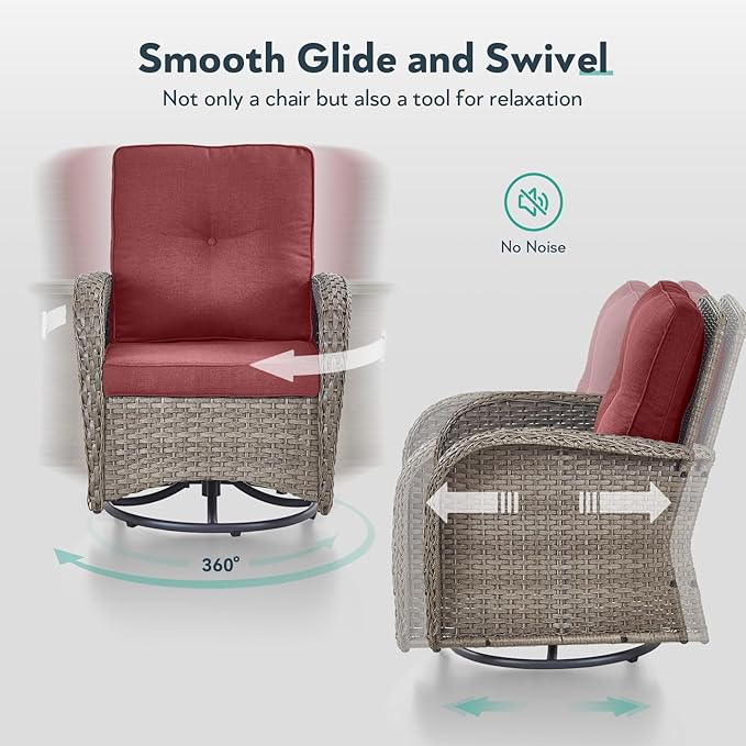 Outdoor Swivel Glider Rocker Chairs Set- 5 Piece Patio Furniture Set, Patio Bistro Sets with Tempered Glass Side Table and 2 Ottoman, for Balcony, Porch - Grey Wicker Red Cushion