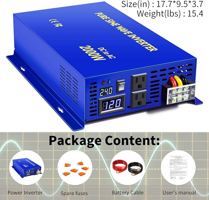 2000 Watt Pure Sine Wave Inverter 24V DC to 110v 120V AC, 2000W Car Power Invert Surge 4000W Power Converter for Solar System. (2000W 24V 120V) Blue