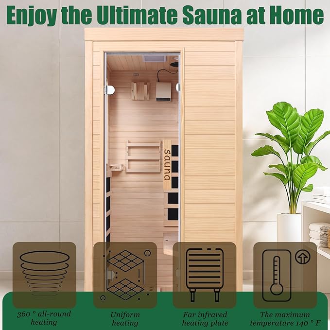 1350W Far Infrared Home Sauna, Energy-Efficient Fast-Heating Indoor Sauna Room with Bluetooth & 7-Color Therapy, Canadian Hemlock Wood, Modular Design - Ideal for Home Gym, Family Relaxation