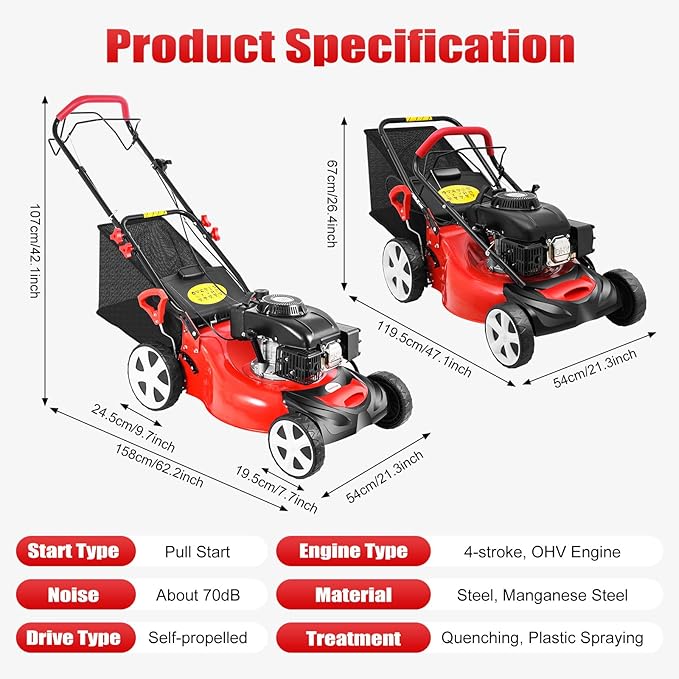 Self-Propelled Gas Lawn Mower, 140CC 4-Stroke 5HP Lawn Mower 3-in-1 Push Mower with 60L/15.9Gal Grass Catch Bag, Steel Grass Catcher for Yard & Garden, 8 Gears Mowing Height Adjustment, 2800Rpm